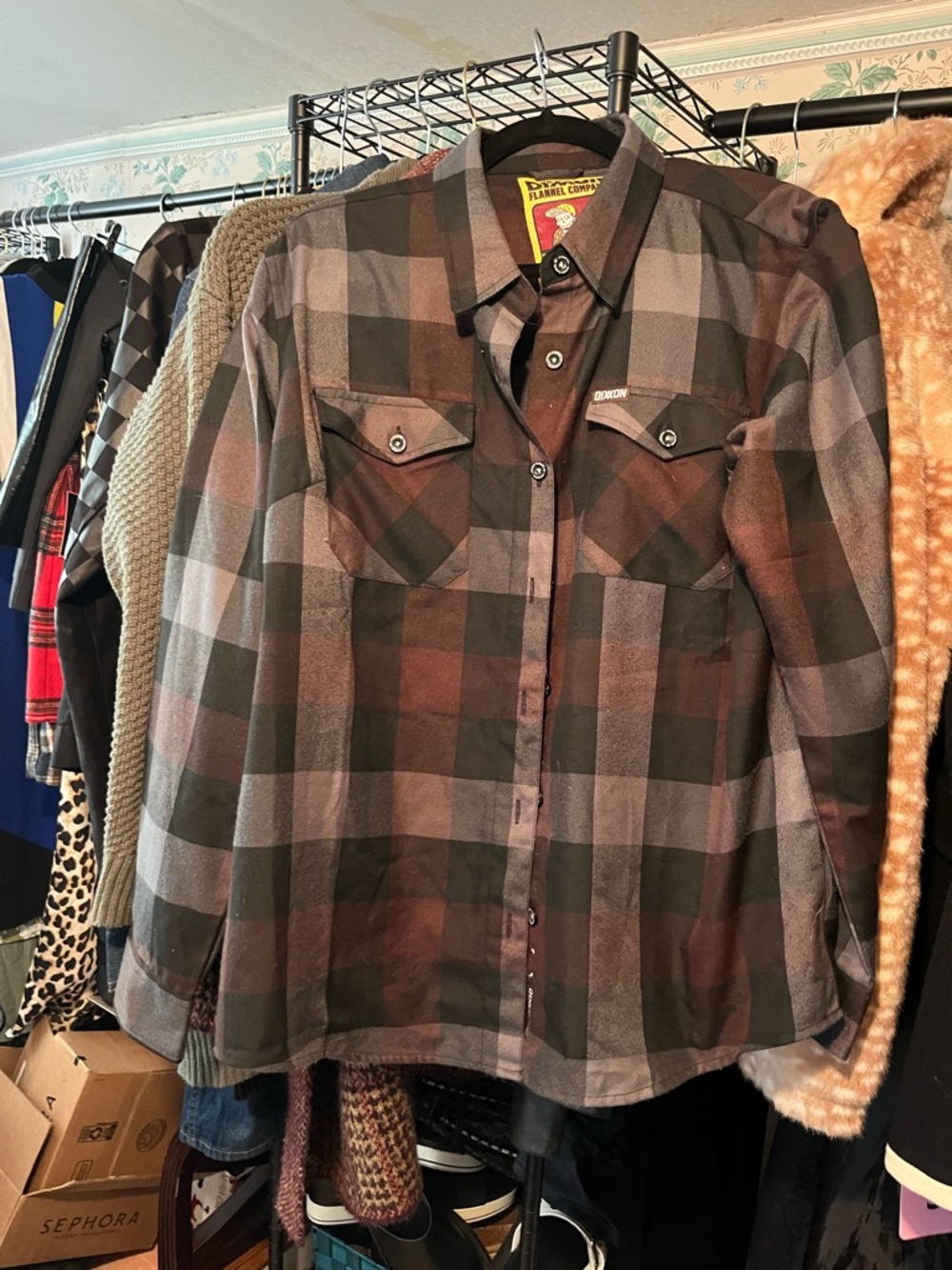 DIXXON Women's Plaid Button-Down Shirt in Brown and Gray